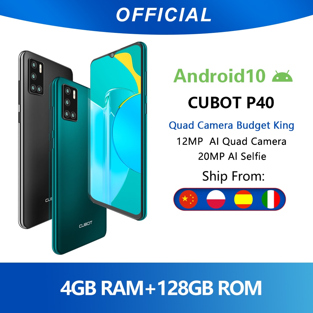 Cubot P40 Rear Quad Camera 20MP Selfie Smartphone NFC 4GB+128GB 6.2 Inch 4200mAh Android 10 Dual SIM Card mobile phone 4G LTE